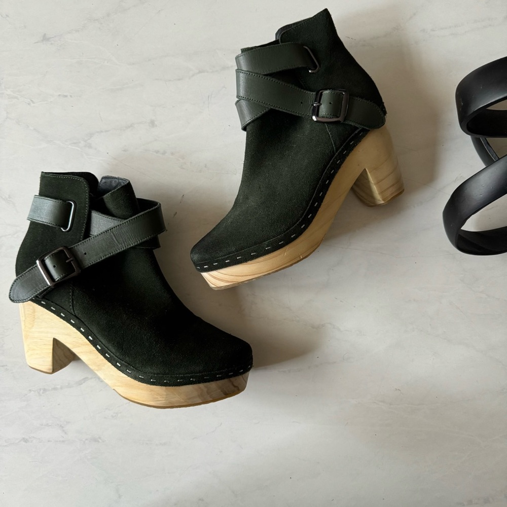Free People Forest Green Mules with Natural Wood Heel